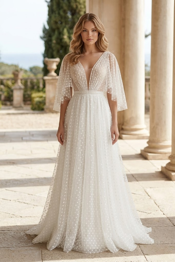 White Polka Dot Tulle A-Line Wedding Dress with Flutter Sleeves