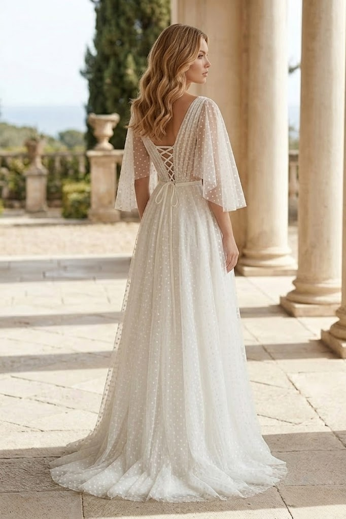 White Polka Dot Tulle A-Line Wedding Dress with Flutter Sleeves