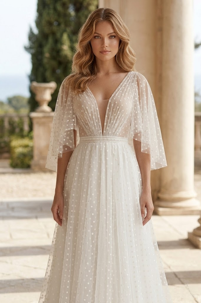 White Polka Dot Tulle A-Line Wedding Dress with Flutter Sleeves