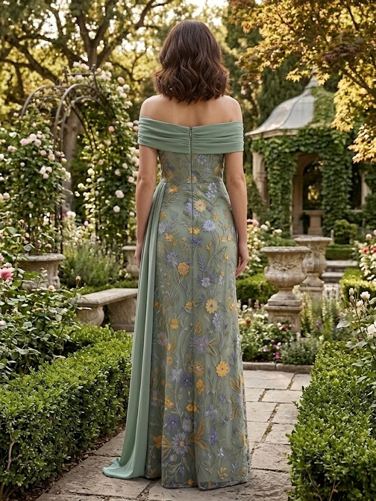 Green Floral Embroidery Sheath Off Shoulder Mother of the Bride & Groom Dresses with Ruffles
