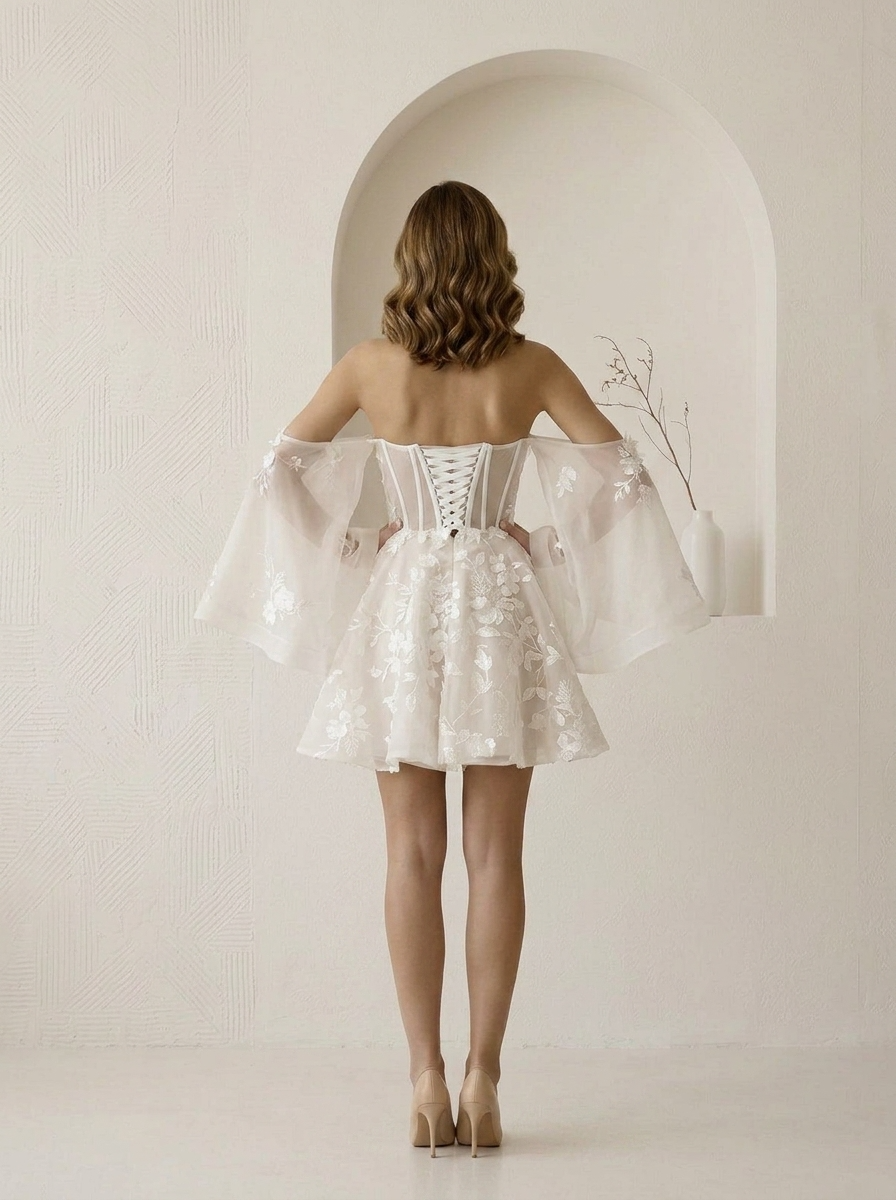 Ivory Off-the-Shoulder Appliqued Tulle A-Line Corset Wedding Dress