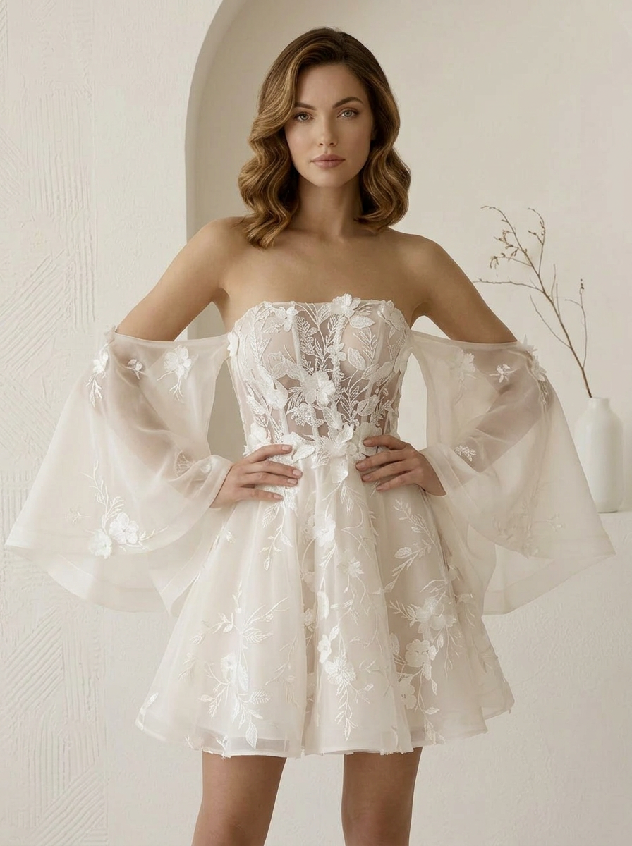Ivory Off-the-Shoulder Appliqued Tulle A-Line Corset Wedding Dress