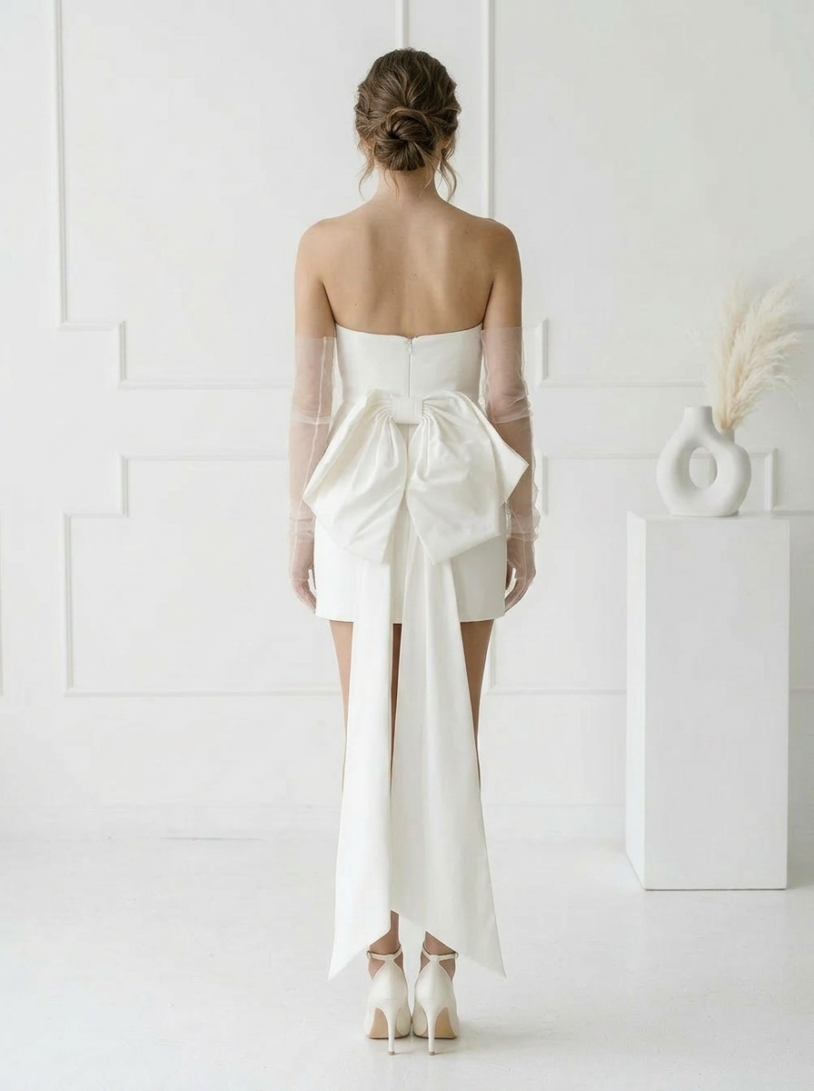 White Sheath Strapless Satin Detachable Sleeves Mini Wedding Dress With Oversized Statement Bow