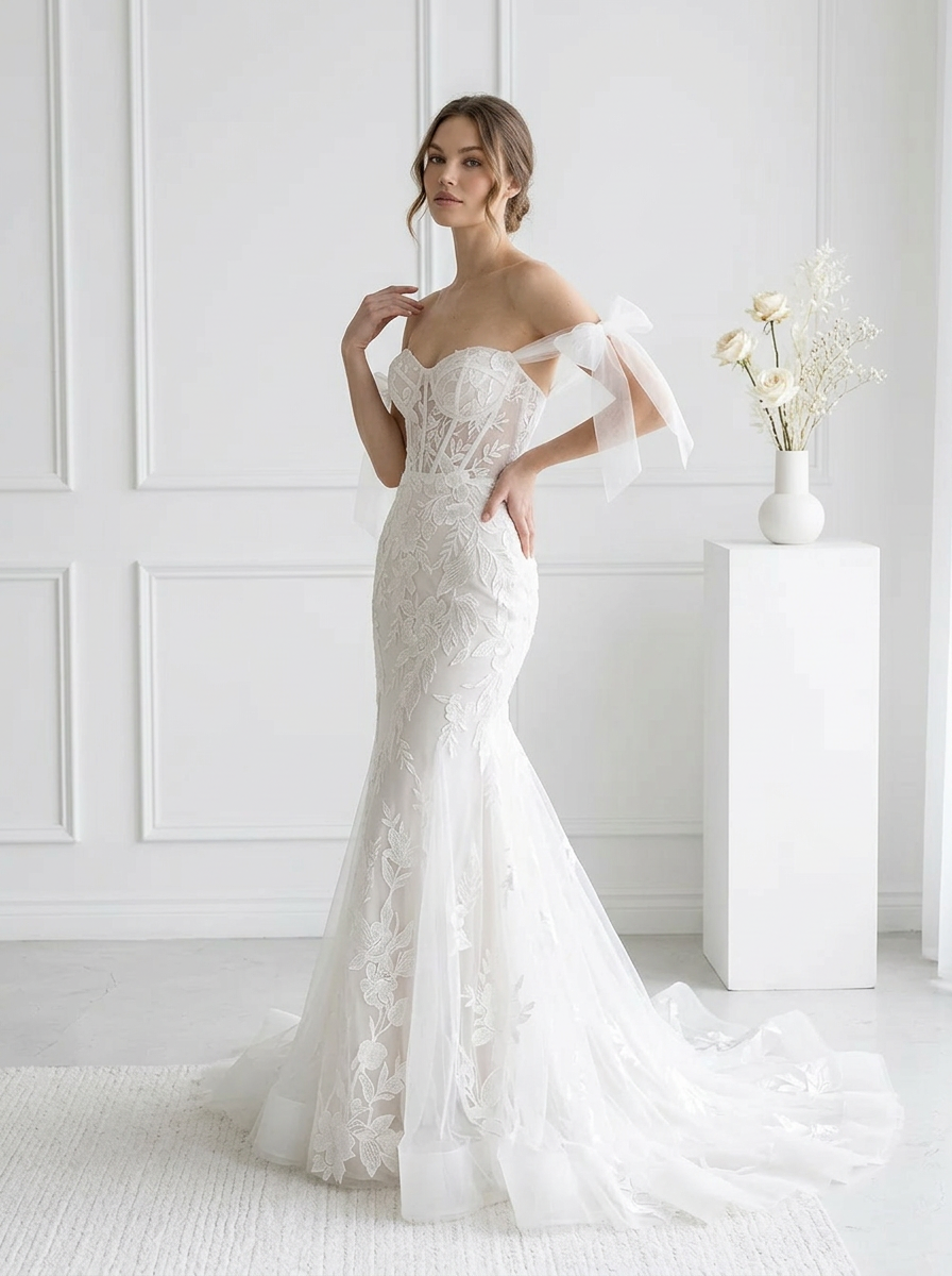 Ivory Off-the-Shoulder Tulle Mermaid Corset Wedding Dress With Appliques