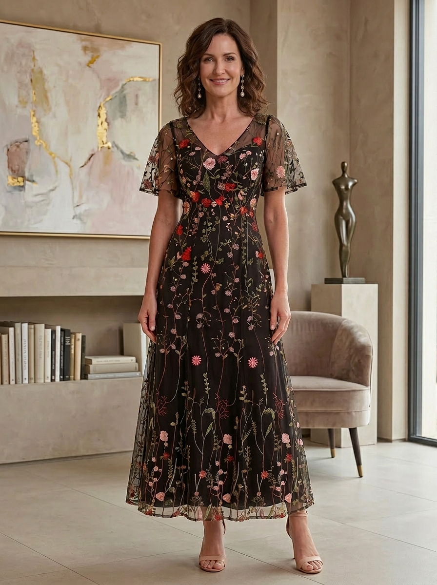 Floral Embroidery A-Line V-Neck Floor-Length Mother of the Bride & Groom Dresses