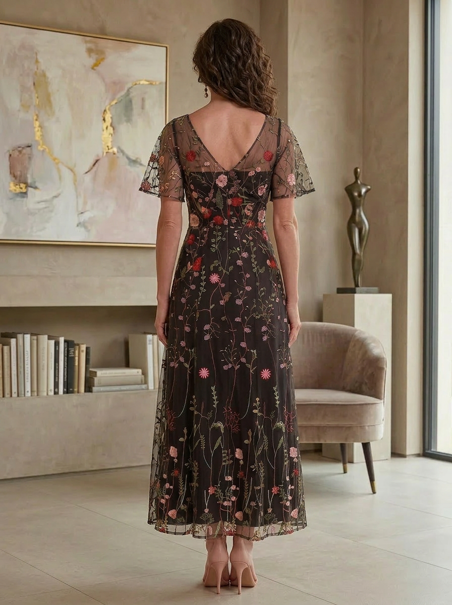 Floral Embroidery A-Line V-Neck Floor-Length Mother of the Bride & Groom Dresses