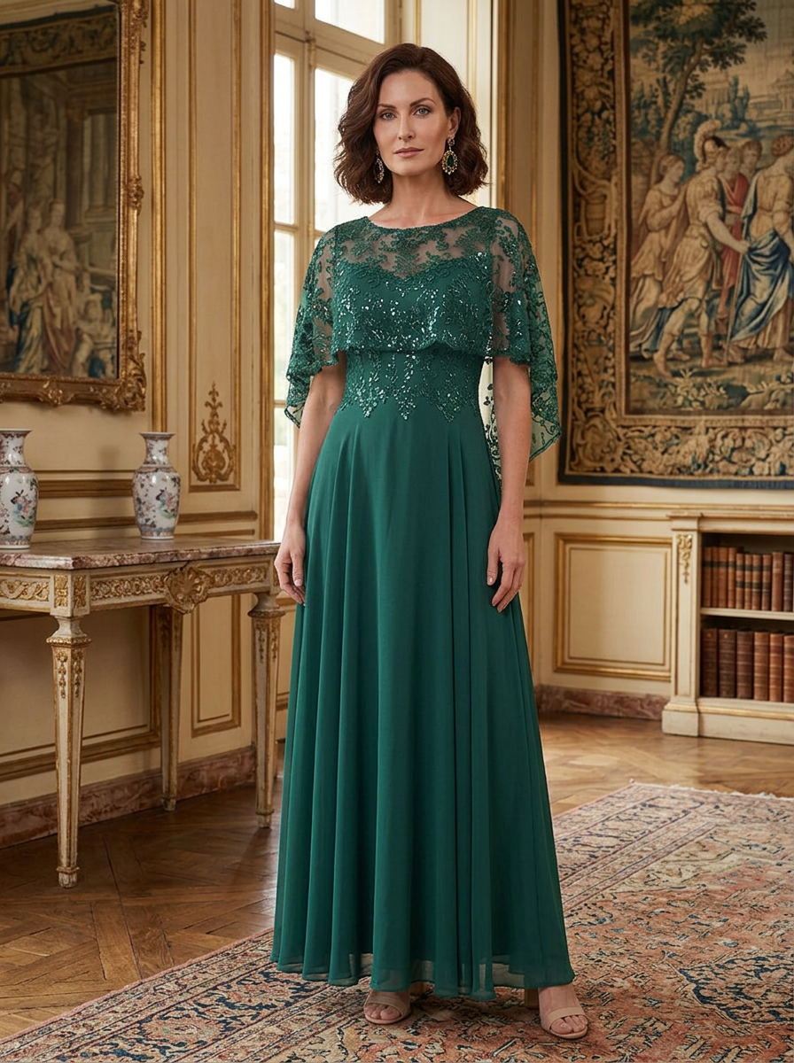 Green Chiffon A-Line Scoop Neck Mother of the Bride & Groom Dresses with Sequin Floral Cape