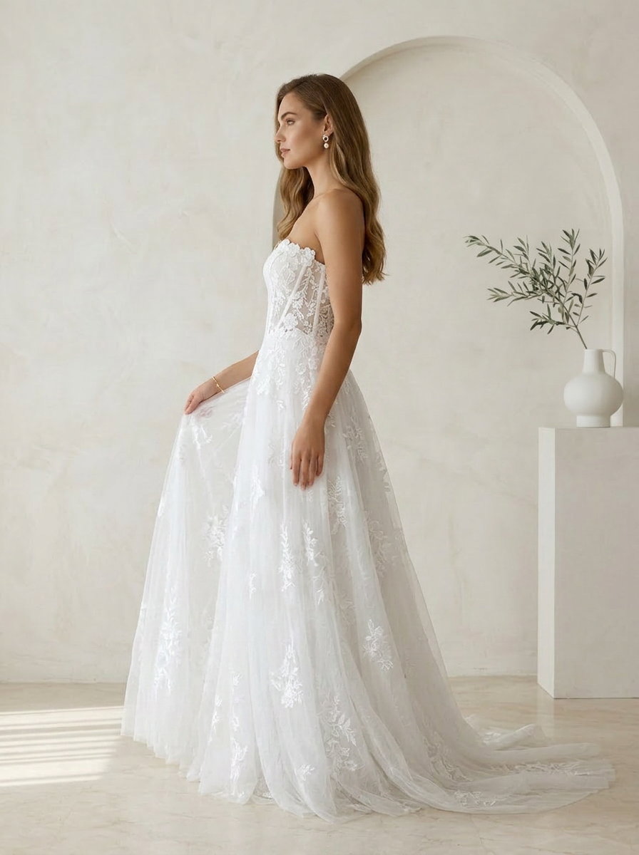 Diamond White A-Line Sweetheart Sequins Tulle Wedding Dress