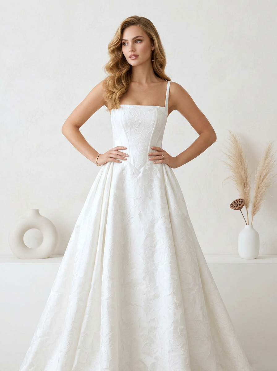 Diamond White Ball-Gown with Pockets Floral Wedding Dress
