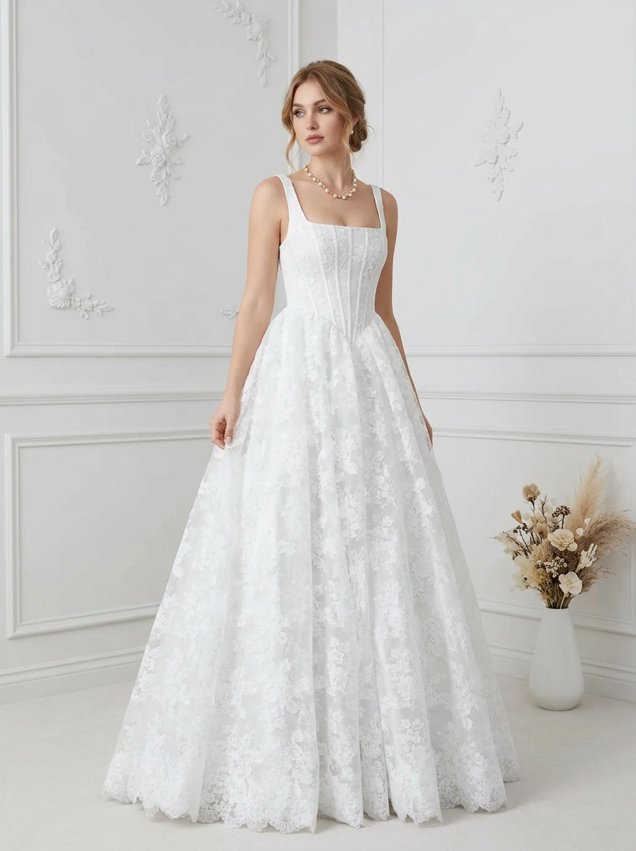 Diamond White Ball-Gown Square Neckline Lace Wedding Dress