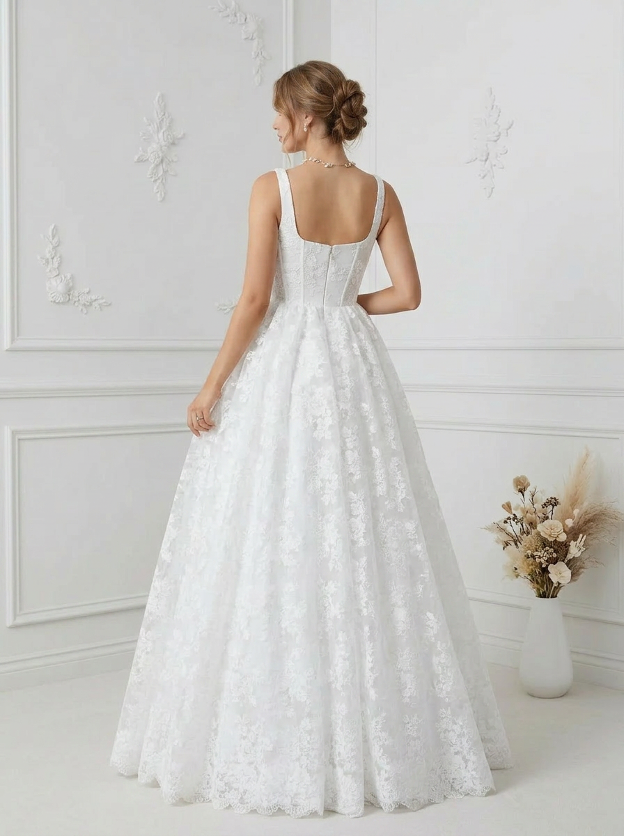 Diamond White Ball-Gown Square Neckline Lace Wedding Dress