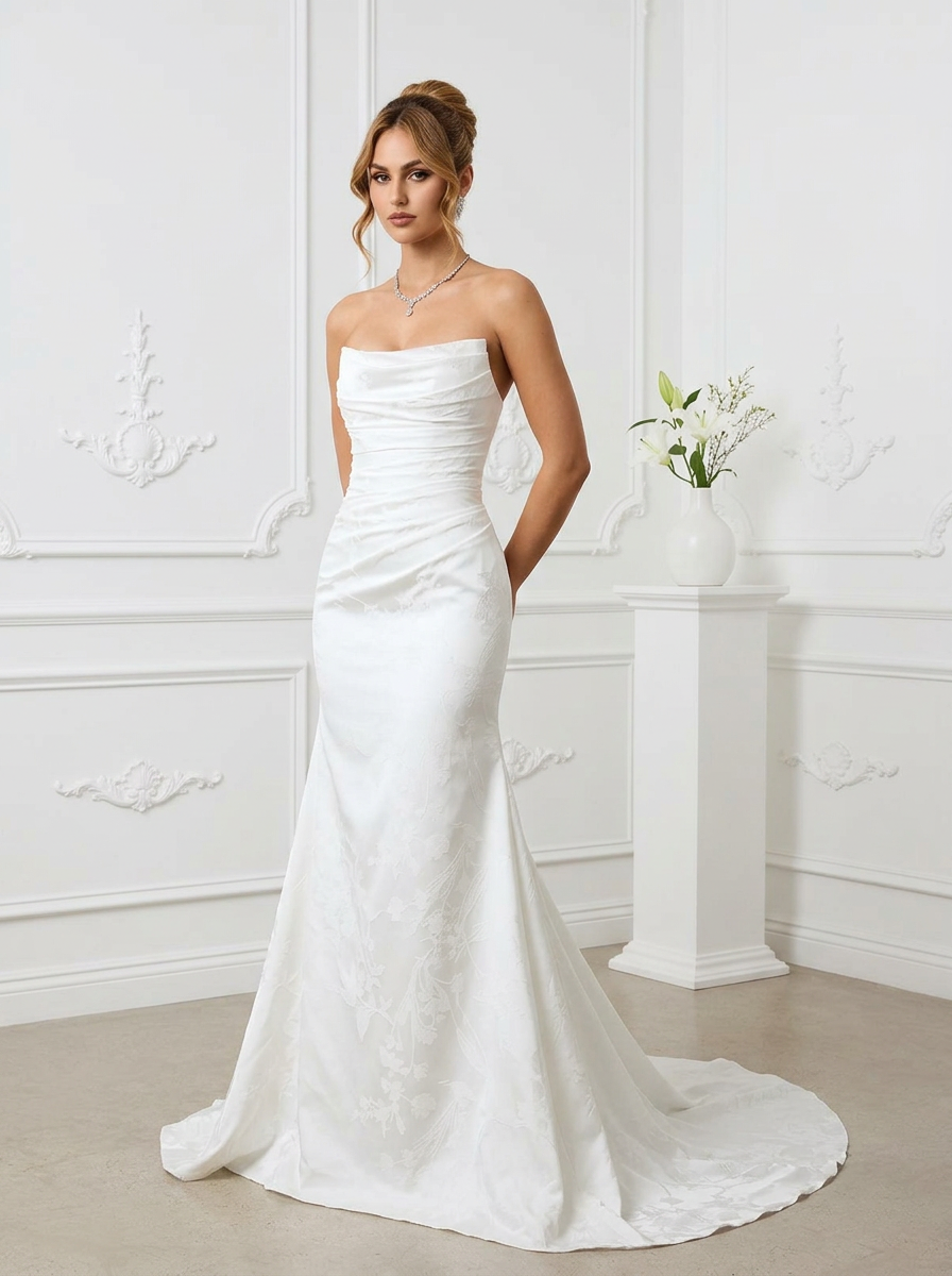 Diamond White Mermaid Strapless Floral Wedding Dress