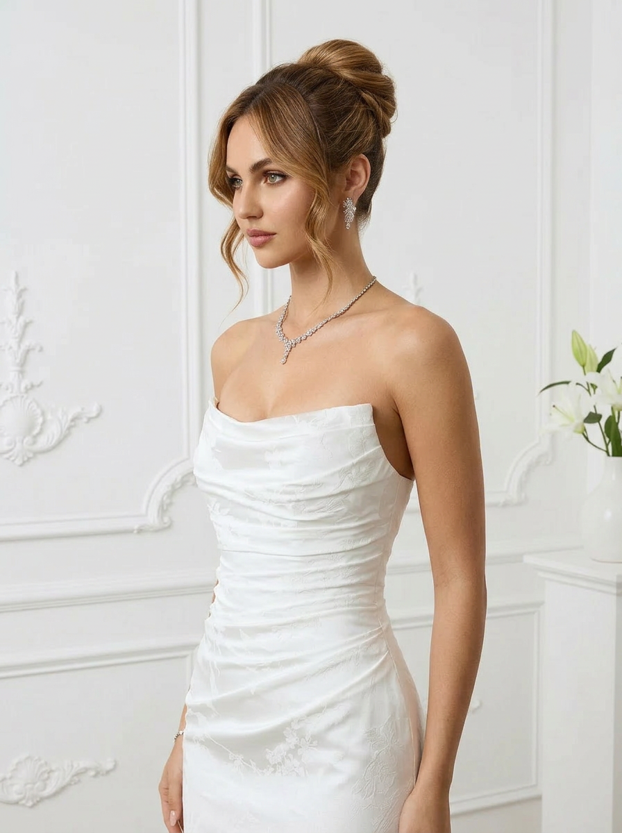 Diamond White Mermaid Strapless Floral Wedding Dress