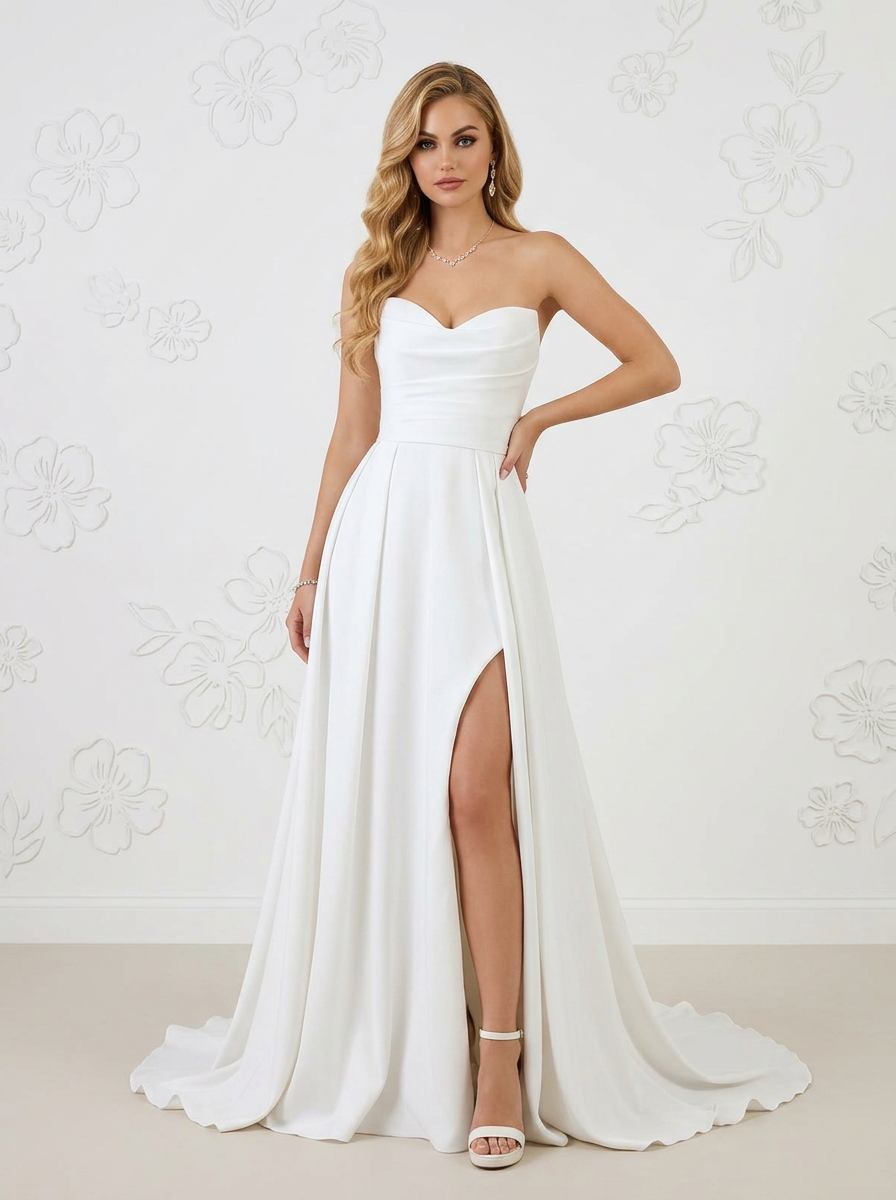 Diamond White A-Line Sequins Crepe Back Satin Wedding Dress