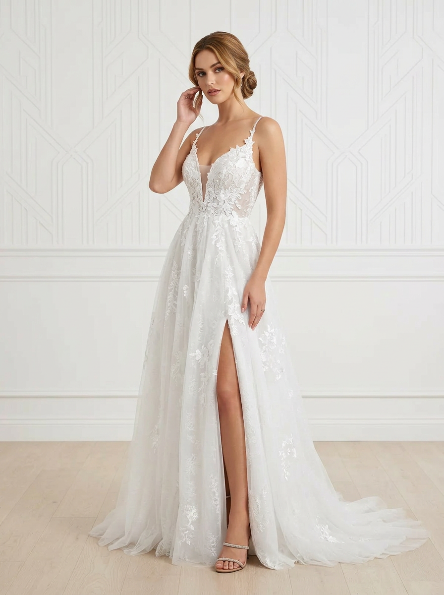 Diamond White A-Line Lace Tulle Wedding Dress With High Slit
