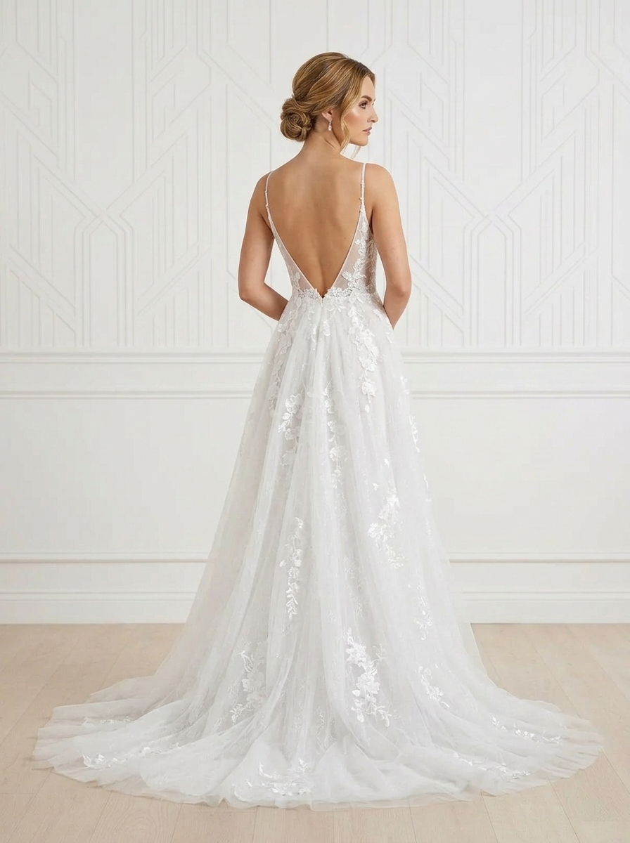 Diamond White A-Line Lace Tulle Wedding Dress With High Slit