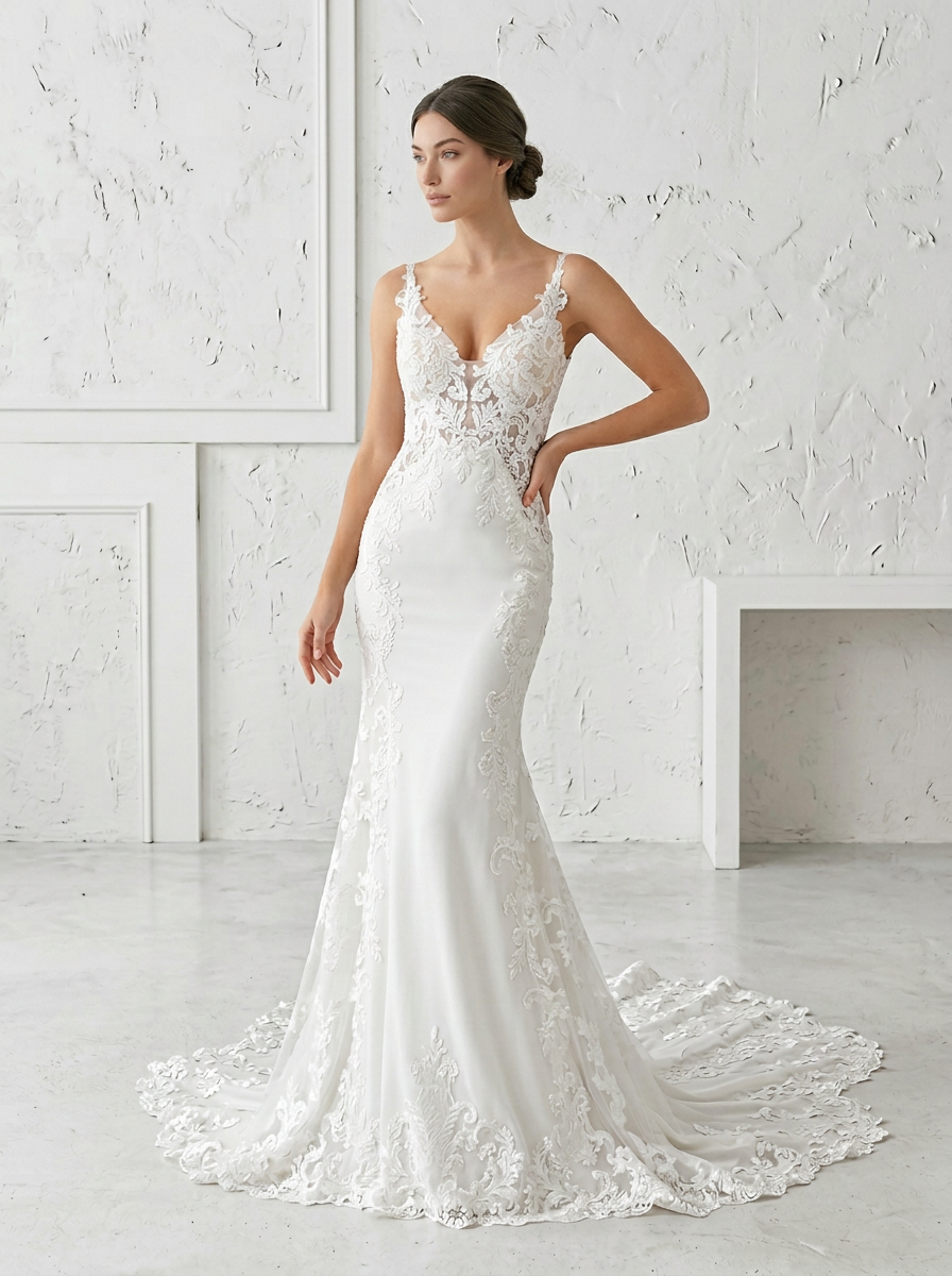  White Mermaid Sequins Stretch Crepe Wedding Dress