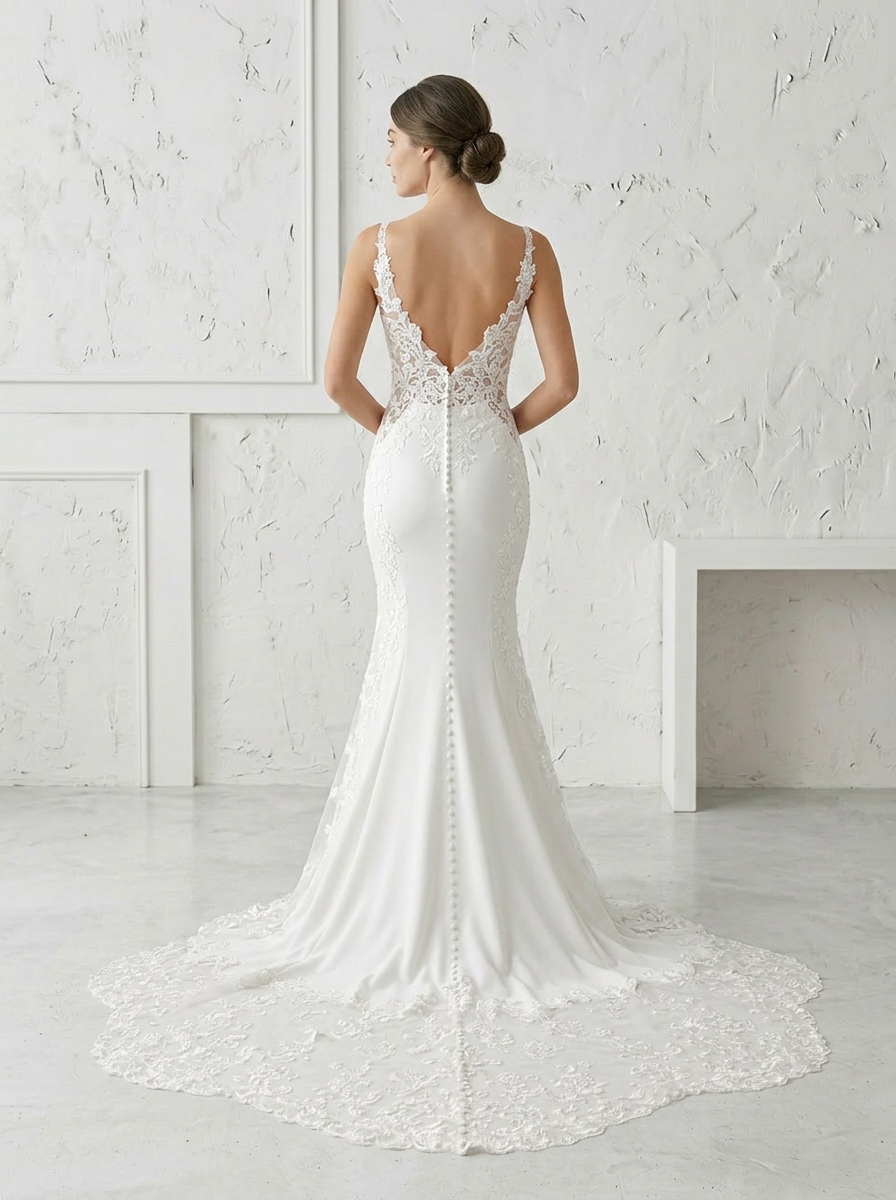  White Mermaid Sequins Stretch Crepe Wedding Dress
