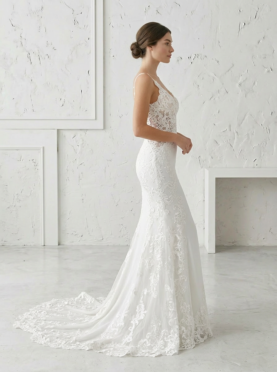  White Mermaid Sequins Stretch Crepe Wedding Dress