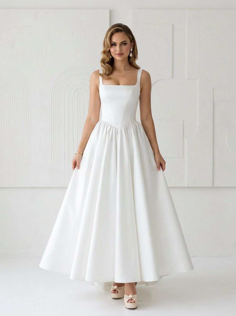 Timeless Chic Minimalist Satin Midi Wedding Dress