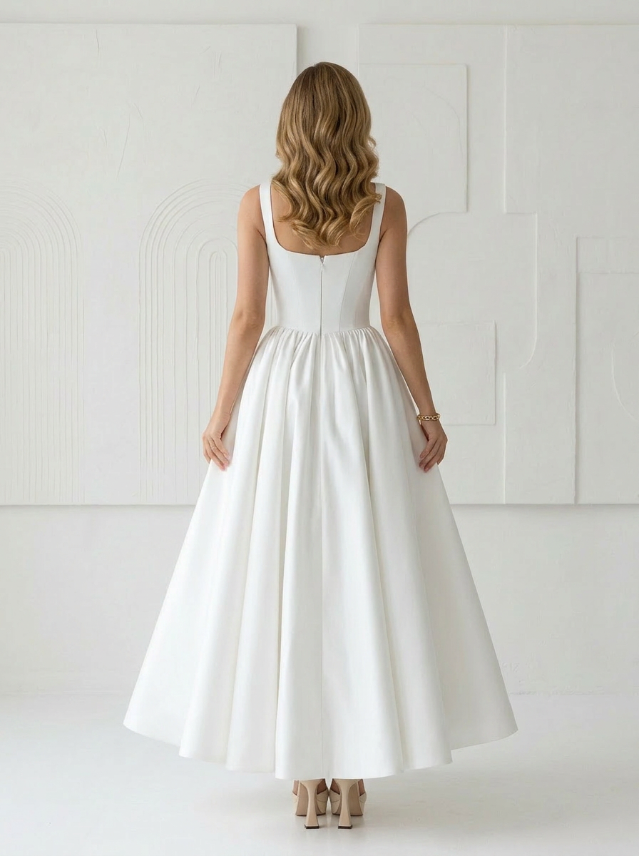 Timeless Chic Minimalist Satin Midi Wedding Dress