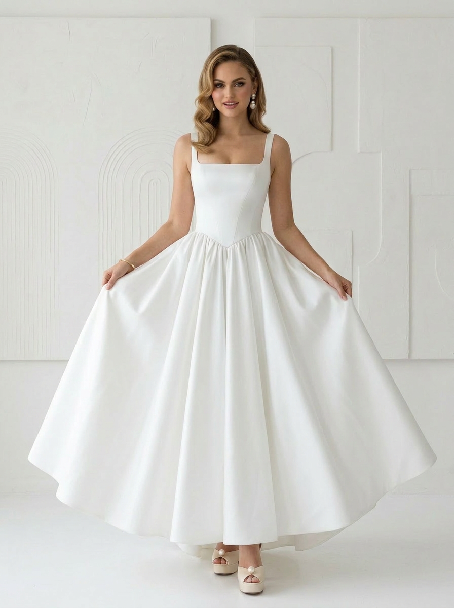 Timeless Chic Minimalist Satin Midi Wedding Dress