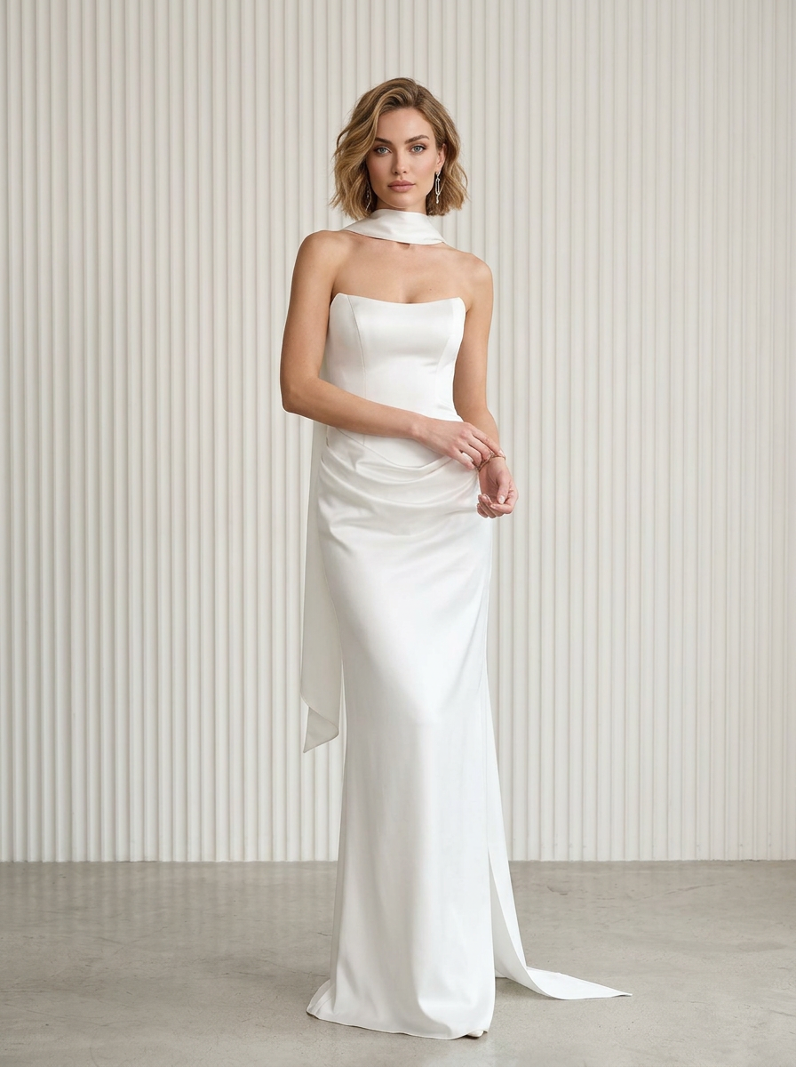  White Sheath Strapless Stretch Satin Wedding Dress with Dramatic Scarf Cape