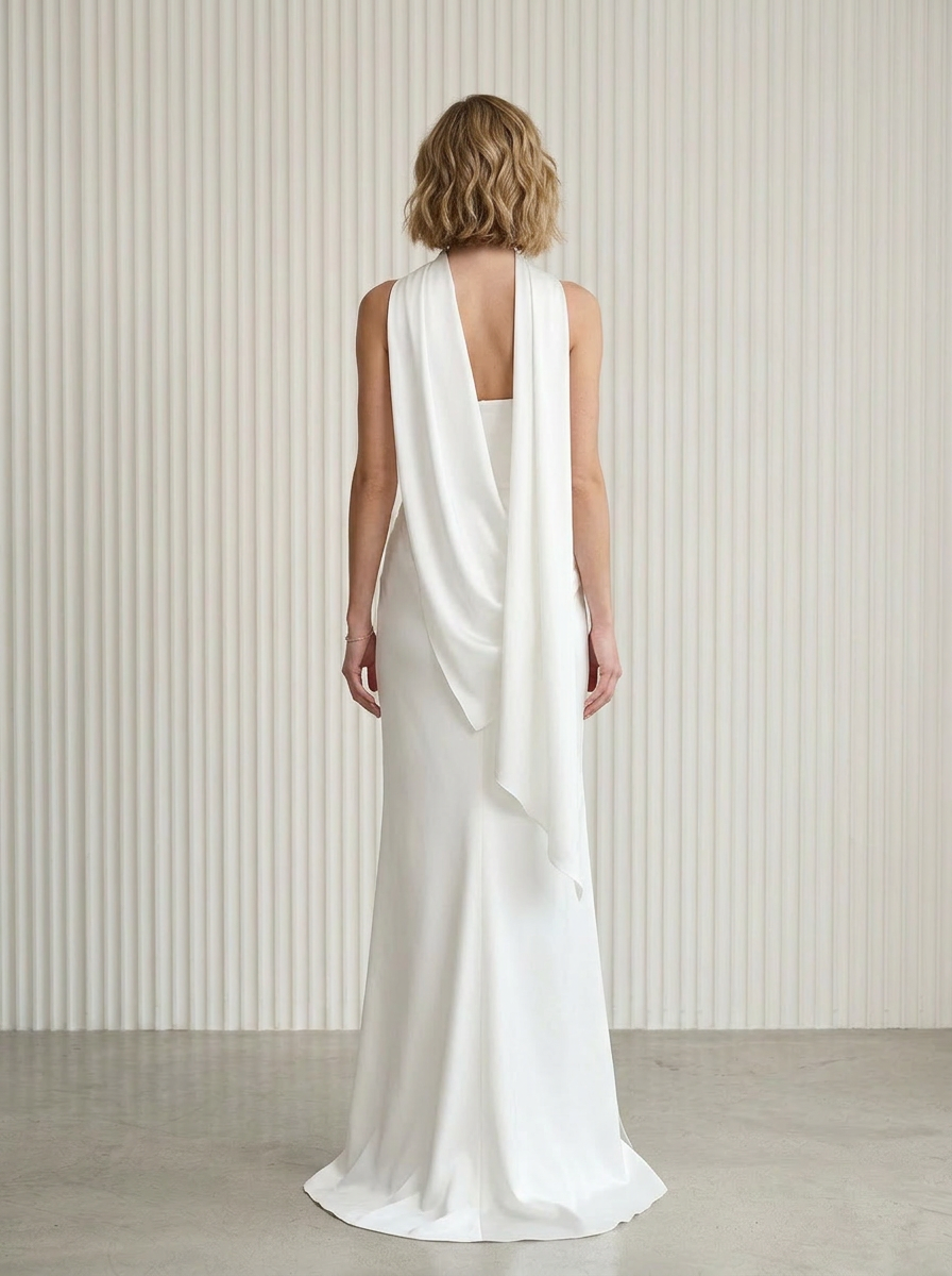  White Sheath Strapless Stretch Satin Wedding Dress with Dramatic Scarf Cape