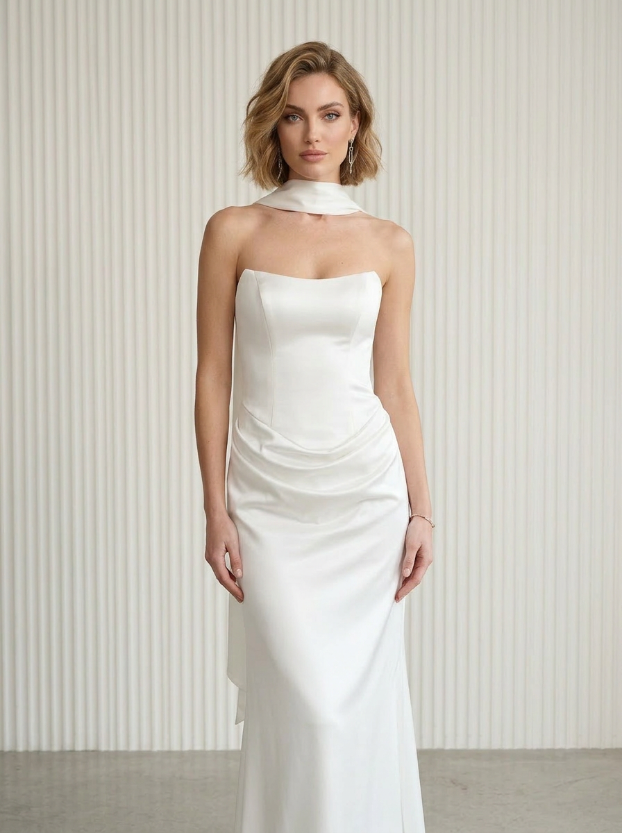  White Sheath Strapless Stretch Satin Wedding Dress with Dramatic Scarf Cape