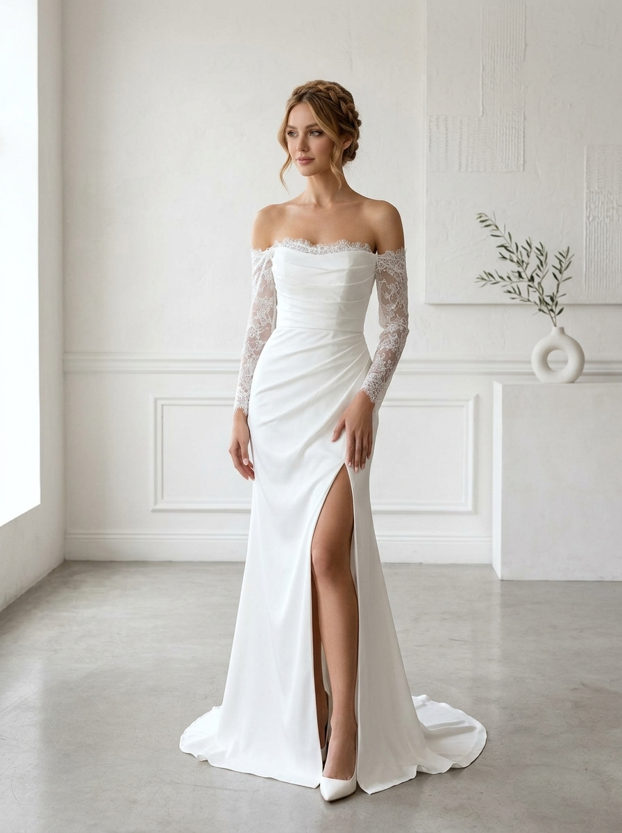  White Mermaid Sequins Crepe Back Satin Wedding Dress