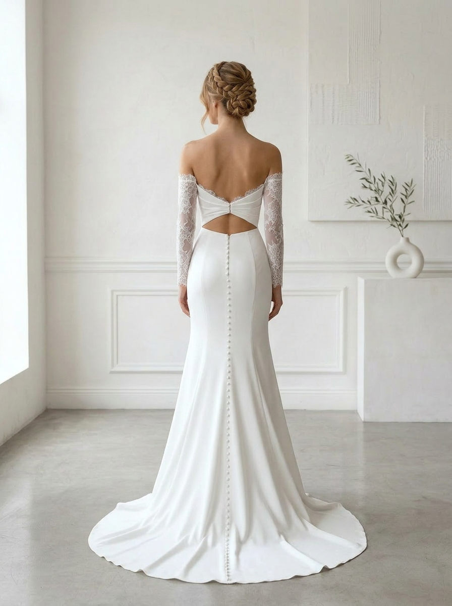  White Mermaid Sequins Crepe Back Satin Wedding Dress