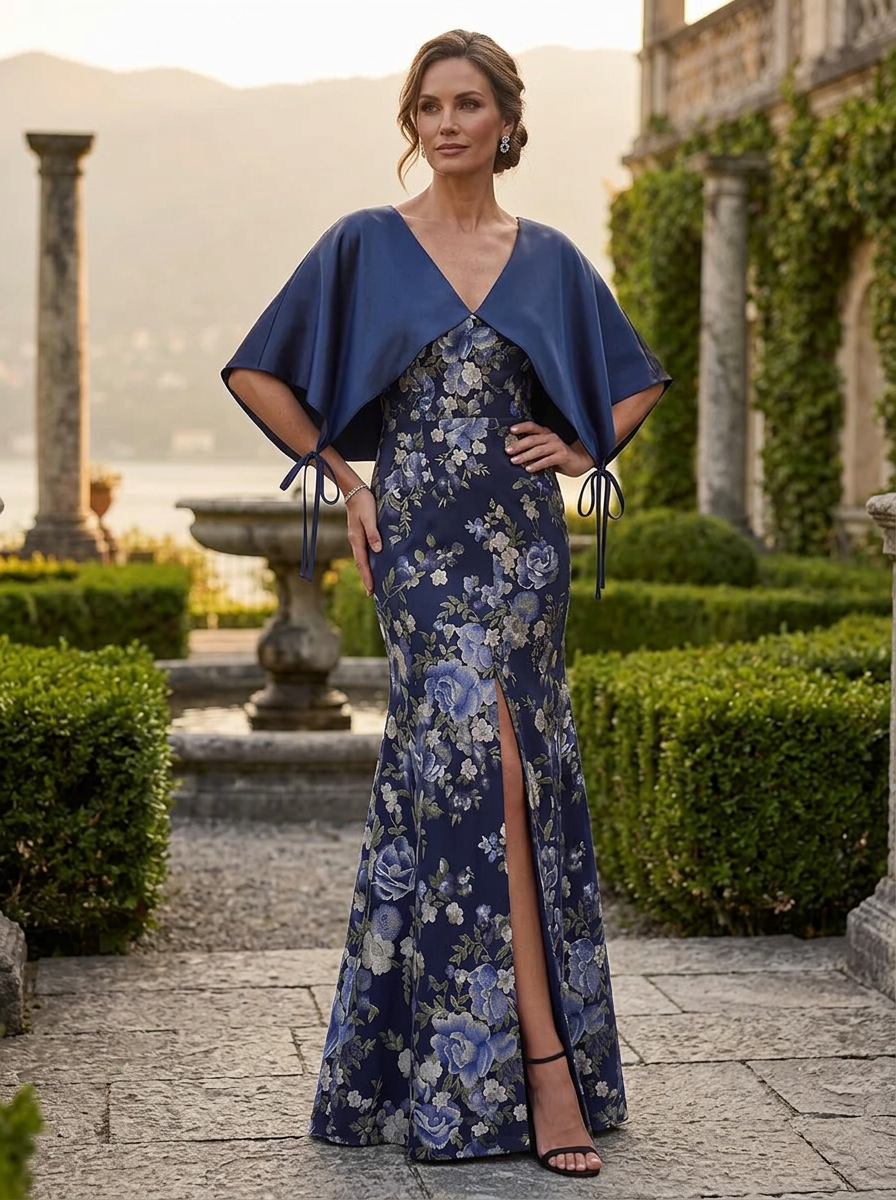 Floral Print Sheath V-Neck Mother of the Bride & Groom Dresses with Slit