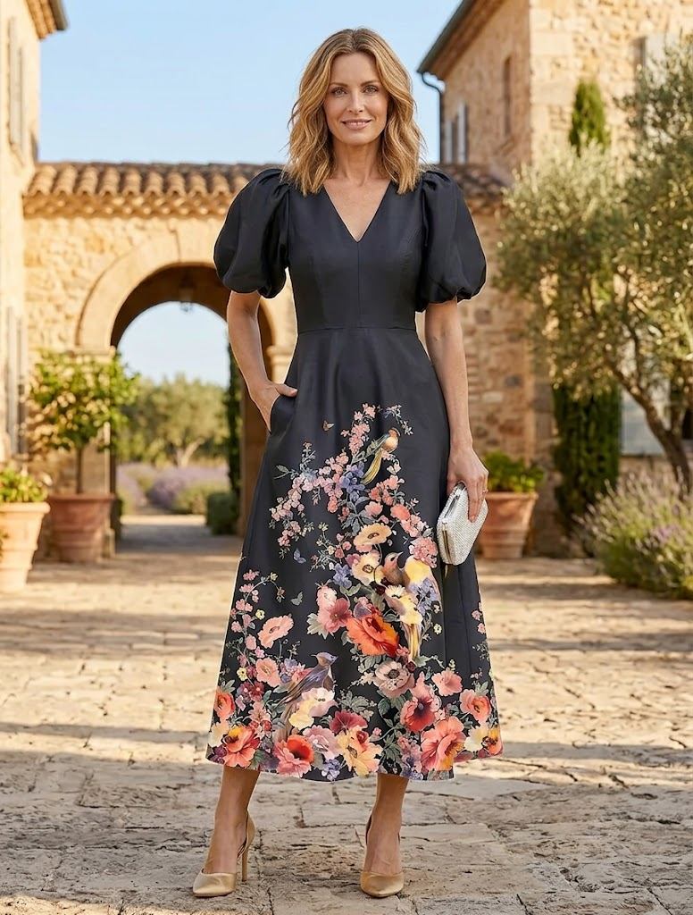 Black Floral Print A-Line V-Neck Tea-Length Mother of the Bride & Groom Dresses with Statement Puff Sleeves