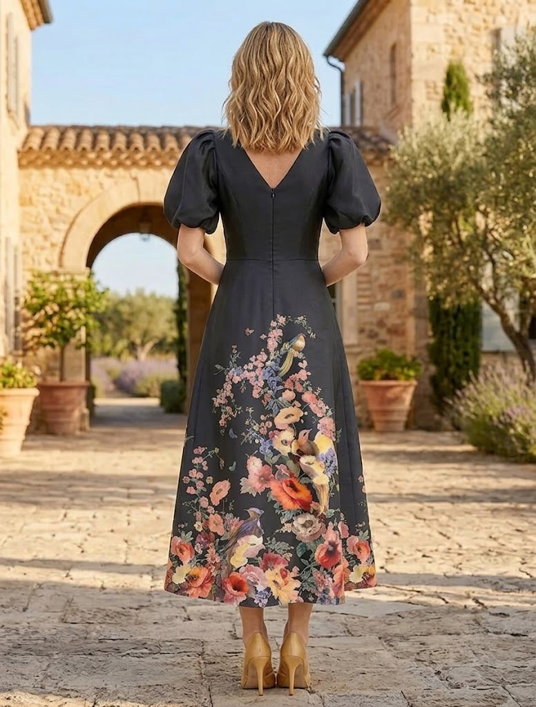 Black Floral Print A-Line V-Neck Tea-Length Mother of the Bride & Groom Dresses with Statement Puff Sleeves