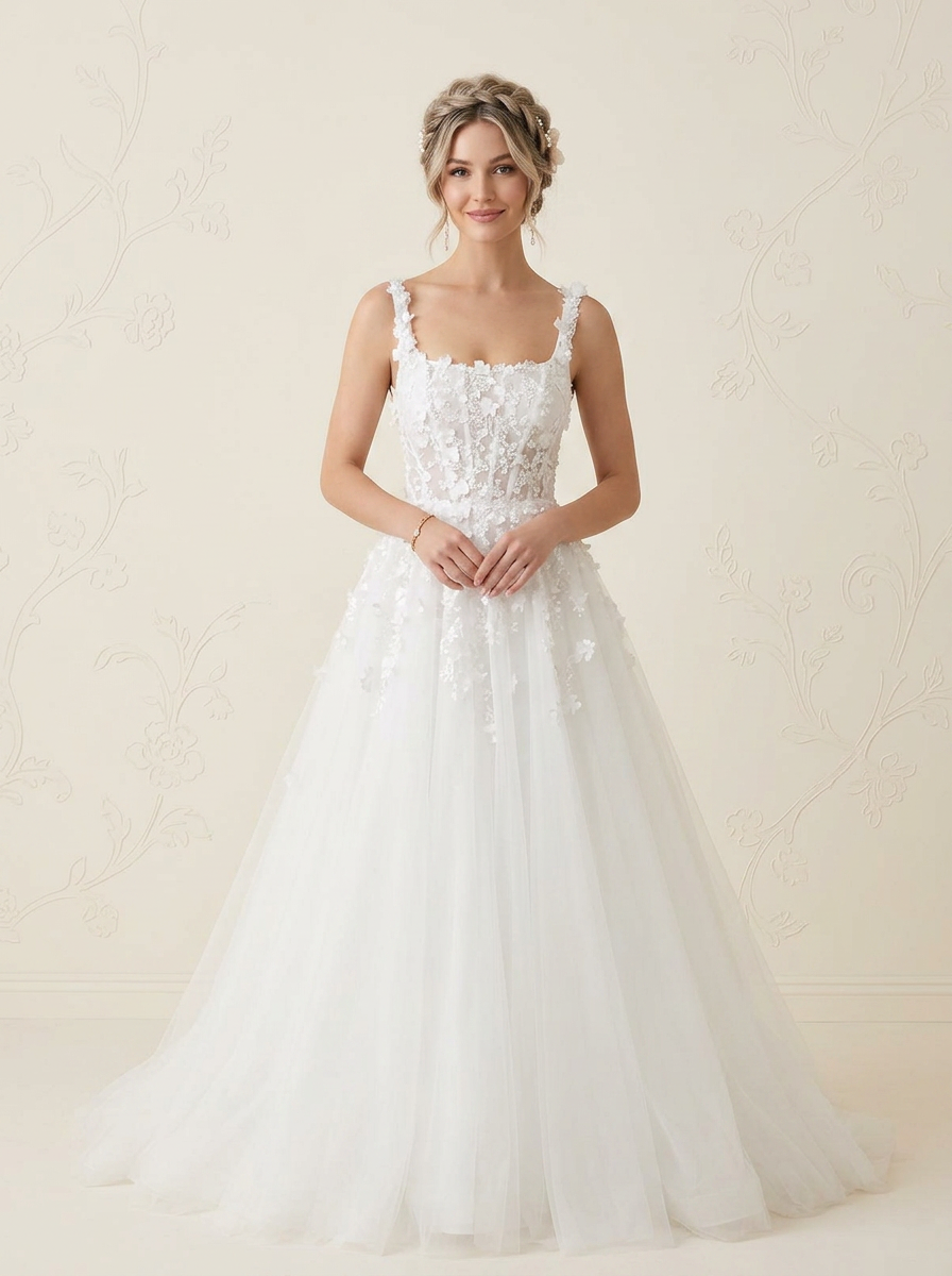 White Ethereal 3D Floral Applique Corset Tulle Wedding Dress