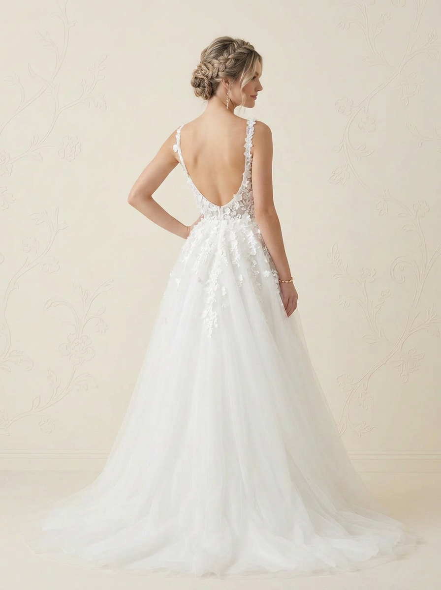 White Ethereal 3D Floral Applique Corset Tulle Wedding Dress