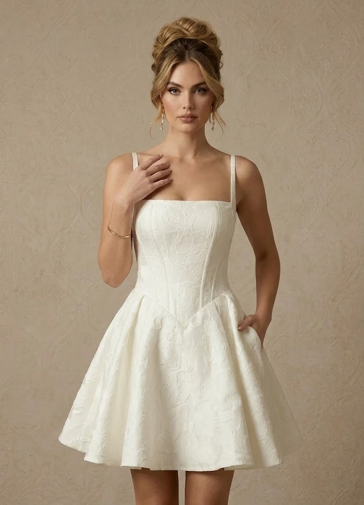 Antique Ivory A-Line with Pockets Floral Jacquard Corset Wedding Dress