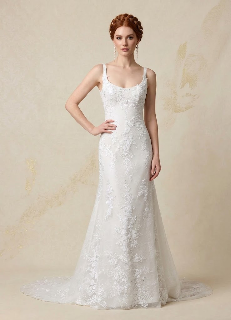 White Romantic Floral Lace Scoop Neck Trumpet A-Line Wedding Dress