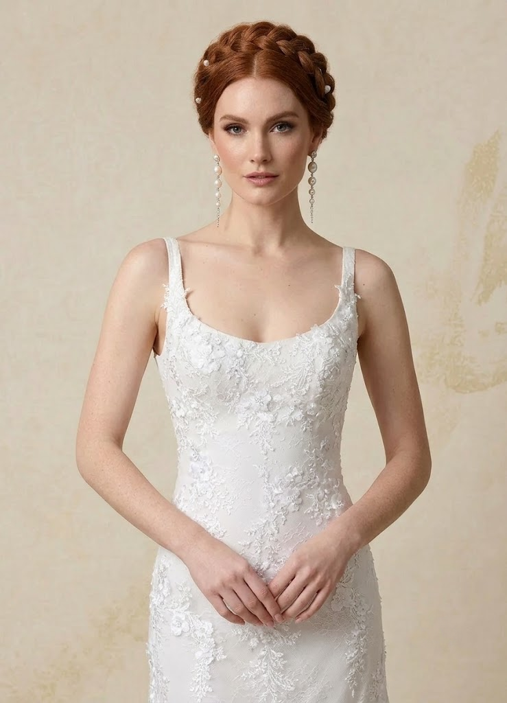 White Romantic Floral Lace Scoop Neck Trumpet A-Line Wedding Dress