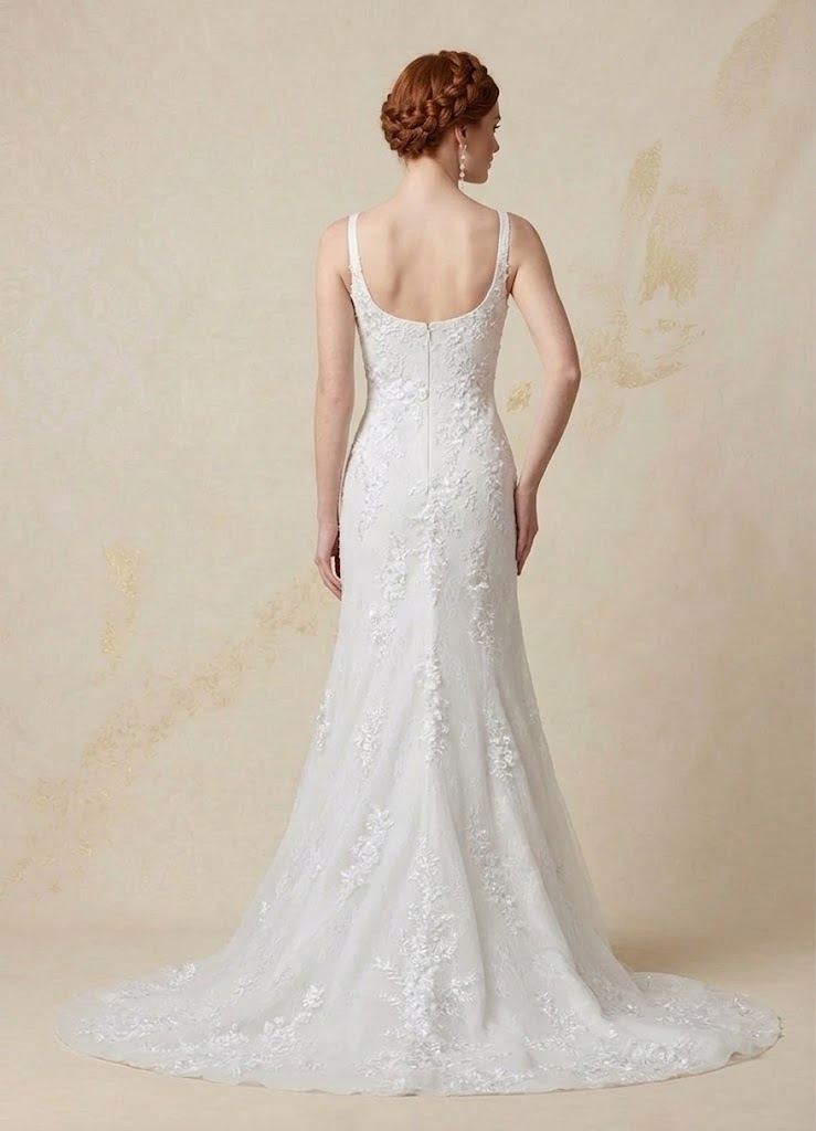 White Romantic Floral Lace Scoop Neck Trumpet A-Line Wedding Dress