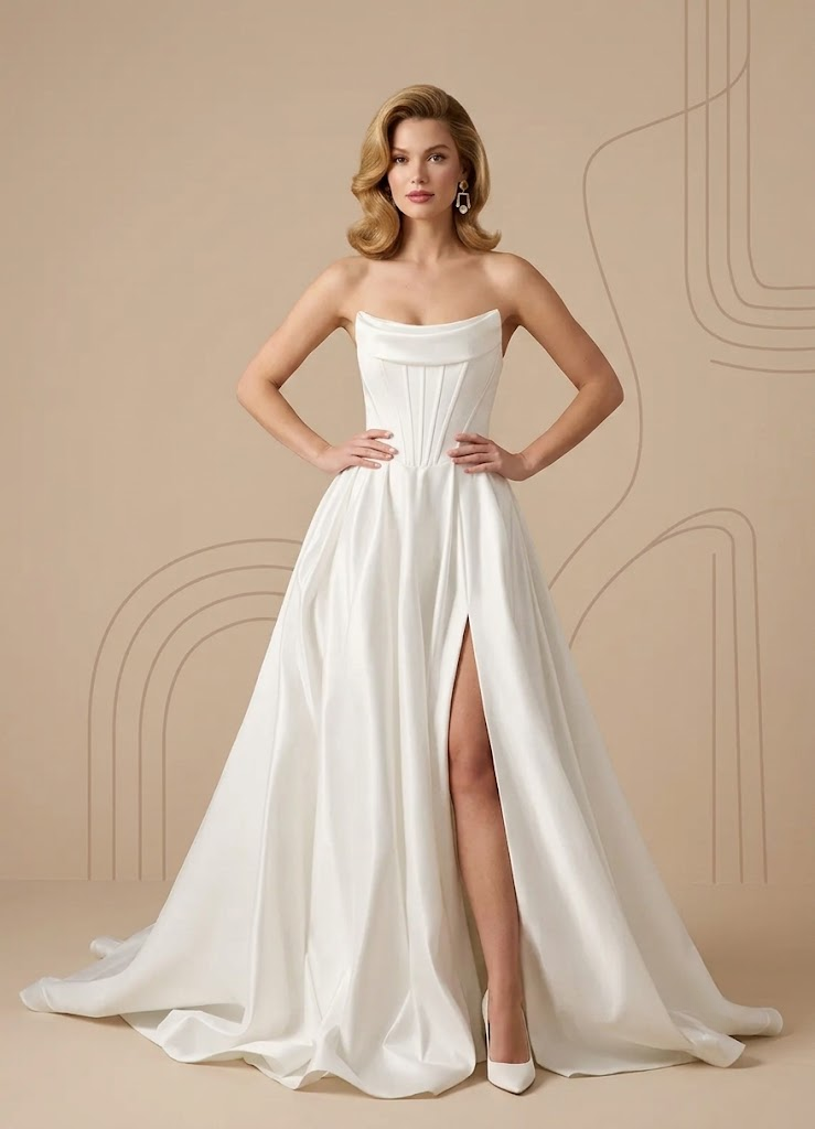 Architectural Ivory Satin Corset Slit Strapless Wedding Dress