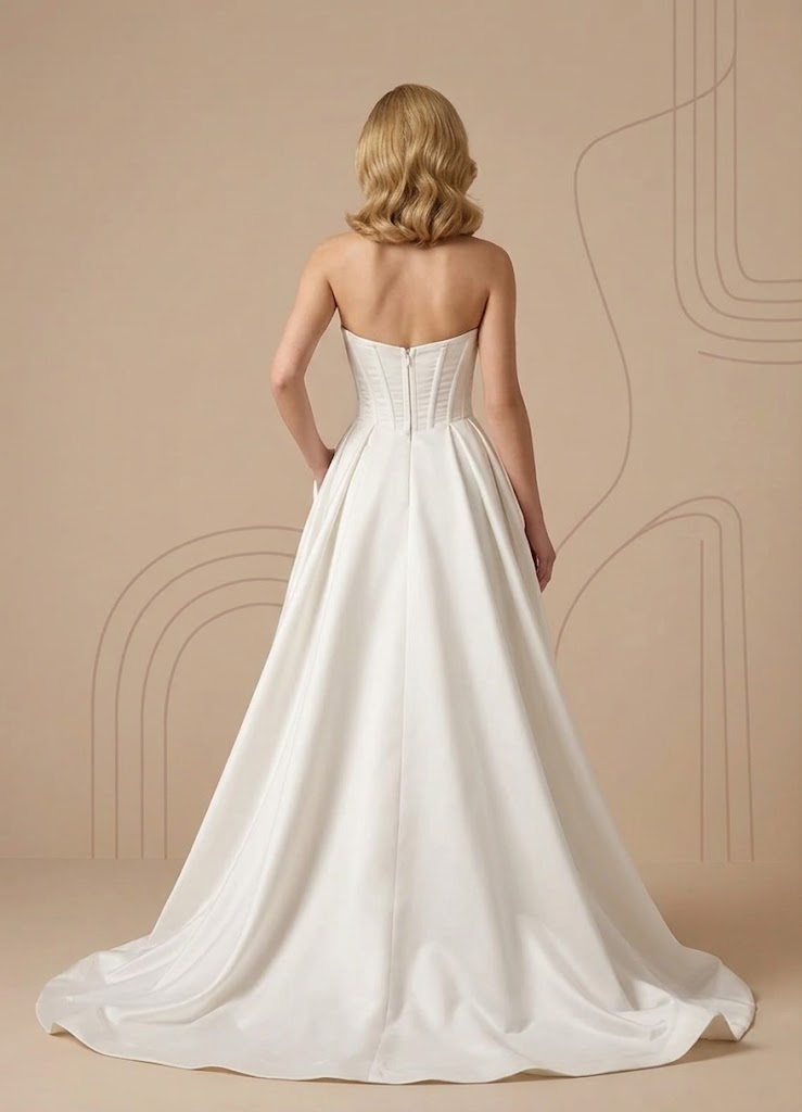 Architectural Ivory Satin Corset Slit Strapless Wedding Dress