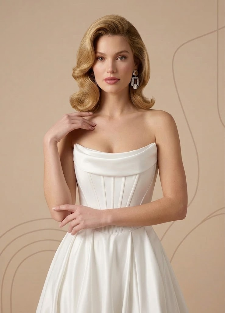 Architectural Ivory Satin Corset Slit Strapless Wedding Dress