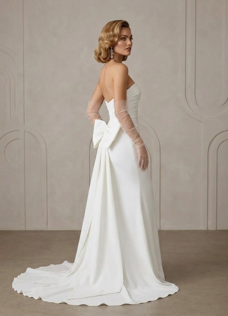 Sculptural Ivory Strapless Bow-Back Trumpet Wedding Dress