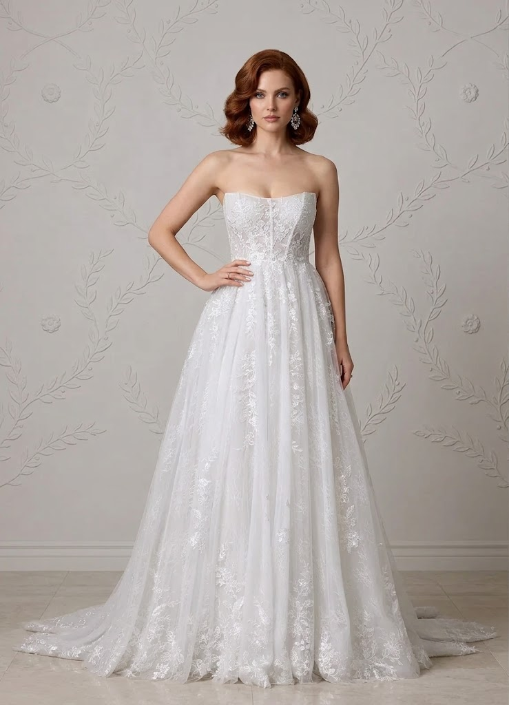 Enchanting White Floral Lace Corset A-Line Wedding Dress