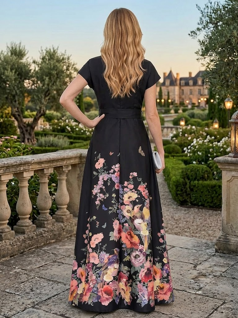 Black Floral Print A-Line V-Neck Floor-Length Mother of the Bride & Groom Dresses with Belt