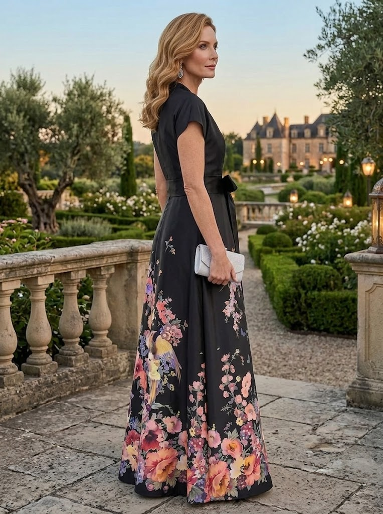 Black Floral Print A-Line V-Neck Floor-Length Mother of the Bride & Groom Dresses with Belt