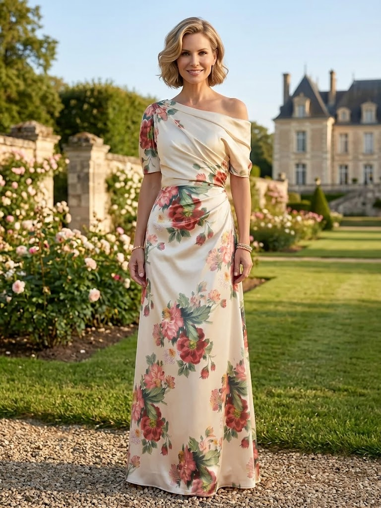 Champagne Floral Print Sheath Off Shoulder Floor-Length Mother of the Bride & Groom Dresses with Ruched Waist