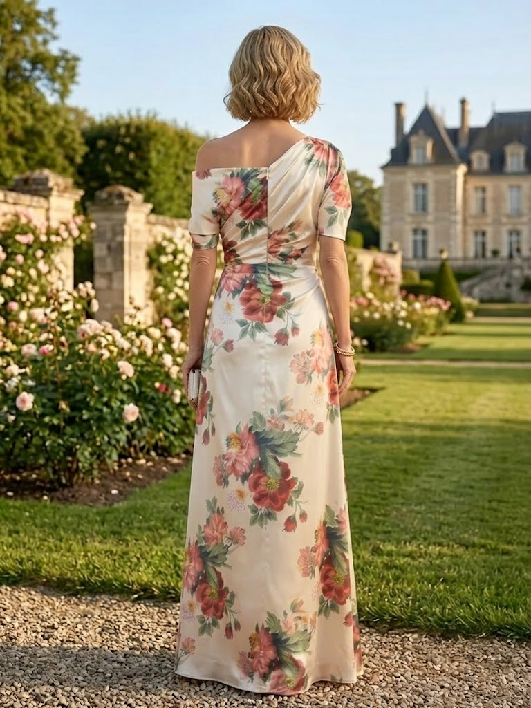 Champagne Floral Print Sheath Off Shoulder Floor-Length Mother of the Bride & Groom Dresses with Ruched Waist