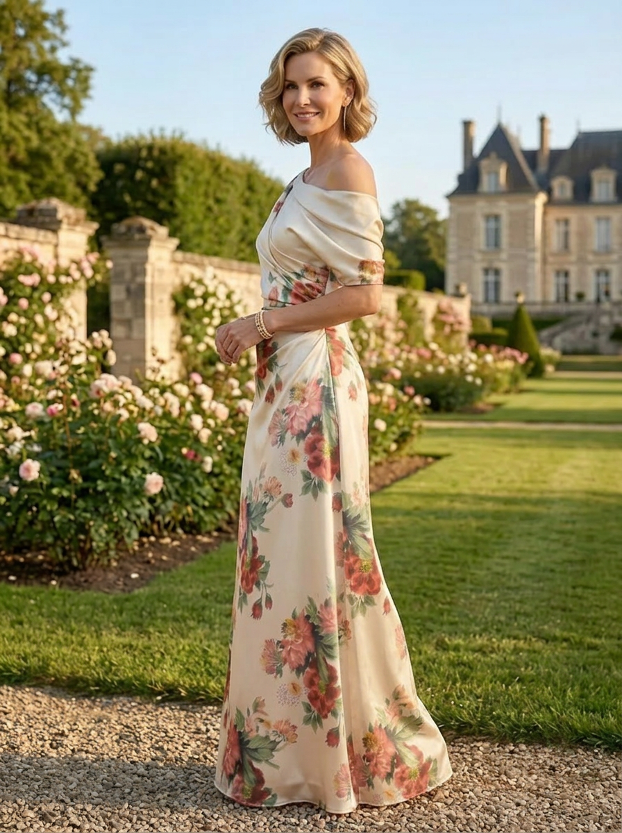 Champagne Floral Print Sheath Off Shoulder Floor-Length Mother of the Bride & Groom Dresses with Ruched Waist